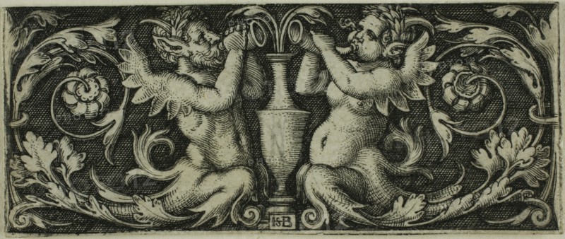 Ornament with Two Tritons, from Four Vignettes, c. 1544, Sebald Beham, German, 1500-1550, Germany, Engraving in black on ivory laid paper, 22 x 54 mm (image/sheet, trimmed to plate mark)