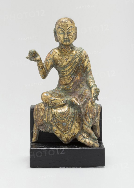Dicang (Khsitigarbha), or He Who Encompasses the Earth, Seated and Holding a Wish-Bearing Jewel (Cintamani), Tang dynasty (618–907), c. 8th century, China, GIlt copper alloy, 11 × 5 × 3.8 cm (4 5/16 × 2 × 1 1/2 in.), The Palace, Stirling Castle, 1893, David Young Cameron, Scottish, 1865-1945, Scotland, Etching on cream laid paper, 266 x 144 mm (image/plate), 280 x 146 mm (sheet)