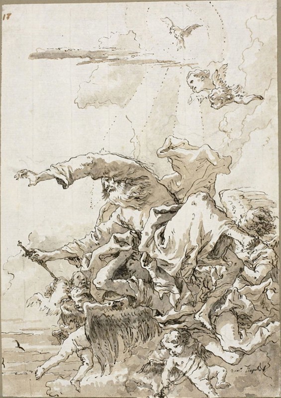 God the Father Supported by Angels in Clouds, II, c. 1759, Giovanni Domenico Tiepolo, Italian, 1727-1804, Italy, Pen and brown ink, with brush and brown-gray wash, over traces of black chalk, on paper, 280 x 197 mm