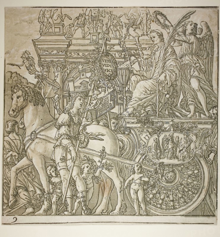 Triumph of Caesar, 1599, Andrea Andreani (Italian, 1558/59-1629), after Andrea Mantegna (Italian, 1431-1506), Italy, Chiaroscuro woodcut from four blocks in black and light, medium and dark greenish gray on off-white laid paper, 386 x 380 mm