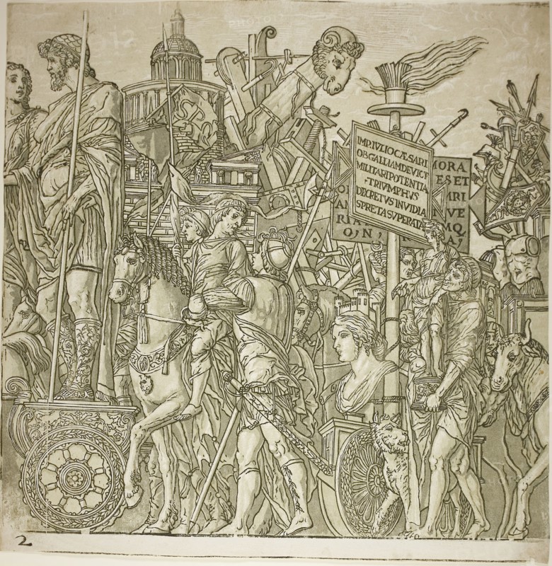 Triumph of Caesar, 1599, Andrea Andreani (Italian, 1558/59–1629), after Andrea Mantegna (Italian, 1431–1506), Italy, Chiaroscuro woodcut from four blocks in black and light, medium and dark greenish gray on off-white laid paper, 383 x 377 mm (image/sheet), composite approx. 385 x 3420 mm