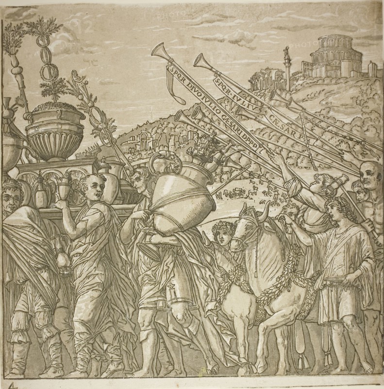 Triumph of Caesar, 1599, Andrea Andreani (Italian, 1558/59–1629), after Andrea Mantegna (Italian, 1431–1506), Italy, Chiaroscuro woodcut from four blocks in black and light, medium and dark warm gray on off-white laid paper, 380 x 378 mm (image/sheet), composite approx. 385 x 3420 mm