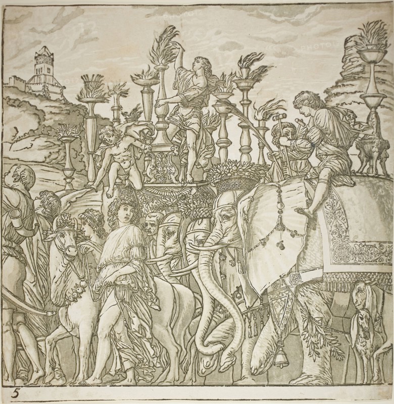Triumph of Caesar, 1599, Andrea Andreani (Italian, 1558/59–1629), after Andrea Mantegna (Italian, 1431–1506), Italy, Chiaroscuro woodcut from four blocks in black and light, medium and dark greenish gray on off-white laid paper, 380 x 378 mm (sheet), composite approx. 385 x 3420 mm