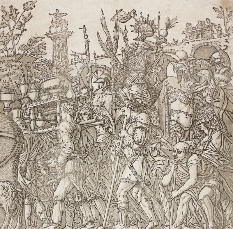 Triumph of Caesar, 1599, Andrea Andreani (Italian, 1558/59-1629), after Andrea Mantegna (Italian, 1431-1506), Italy, Chiaroscuro woodcut from four blocks in black and light, medium and dark greenish gray on off-white laid paper, 381 x 374 mm