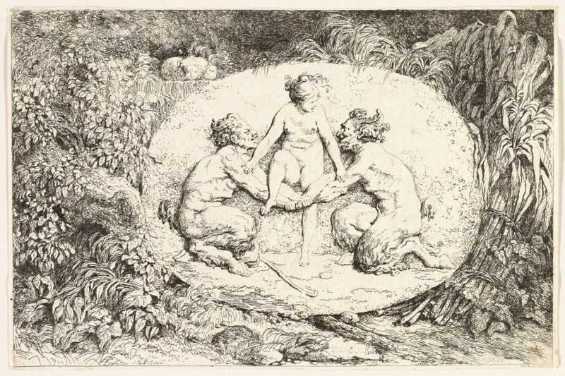 Nymph Sitting on the Hands of Two Satyrs from Bacchanales, or Satyrs’ Games, 1763, Jean Honoré Fragonard, French, 1732-1806, France, Etching on ivory laid paper, 132 × 198 mm (image), 134 × 201 mm (sheet)