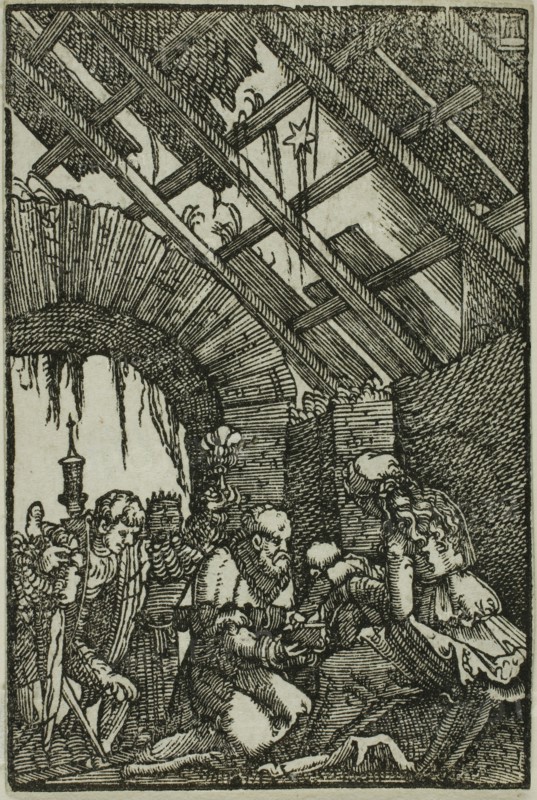 The Adoration of the Magi, from The Fall and Redemption of Man, 1513, Albrecht Altdorfer, German, c.1480-1538, Germany, Woodcut in black on ivory laid paper, 72 x 48 mm (image/block/sheet)