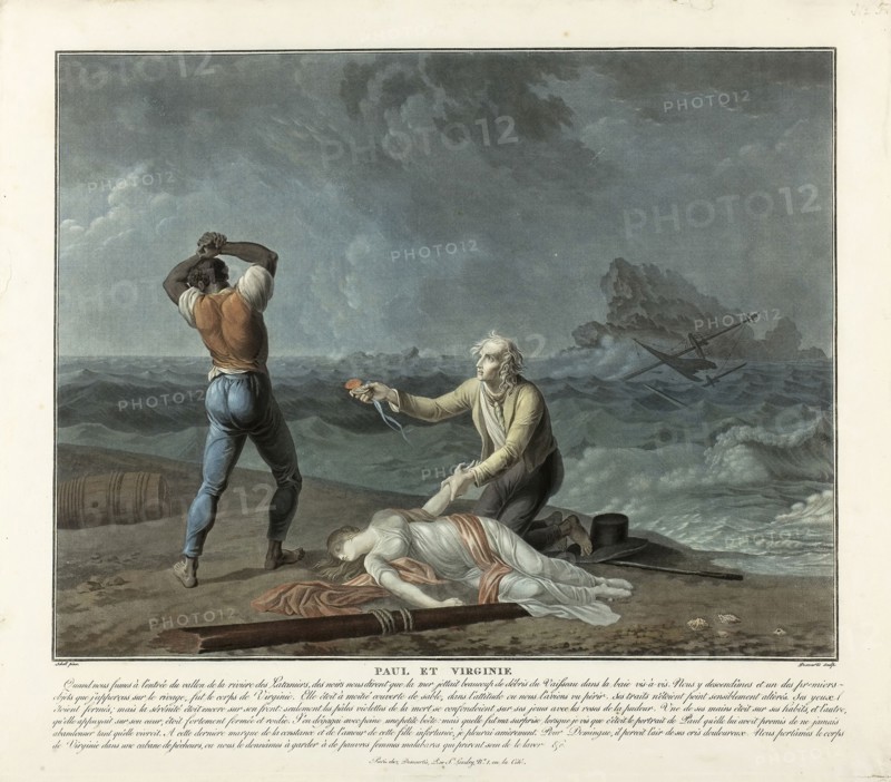 Paul and Virginie, 1795, Charles-Melchior Descourtis (French, 1753-1820), Jean Schall (French, 1752-1825), France, Etching and engraving, from four plates, in yellow, blue, red and black, on paper, 373 × 410 mm (image), 415 × 470 mm (sheet, cut within plate mark)