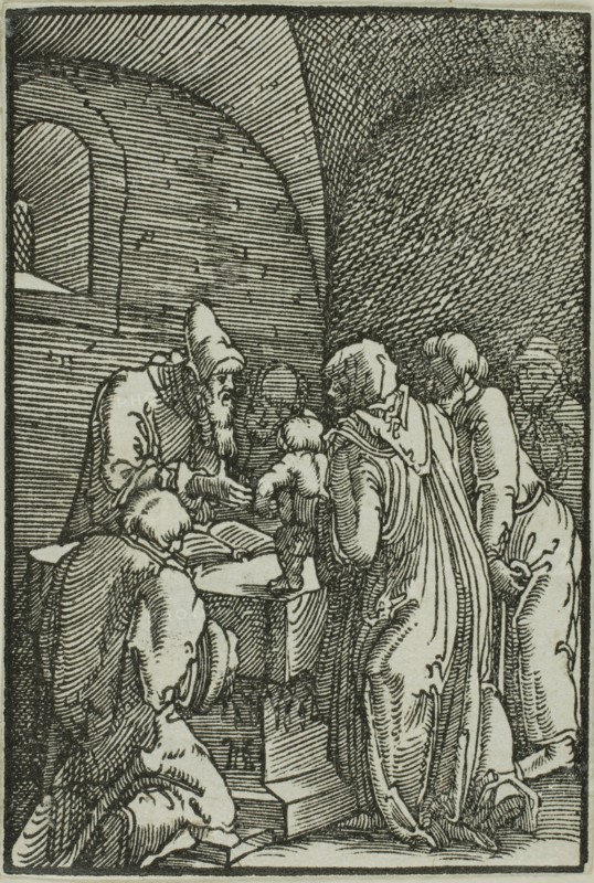 The Presentation in the Temple, from The Fall and Redemption of Man, 1513, Albrecht Altdorfer, German, c.1480-1538, Germany, Woodcut in black on ivory laid paper, 72 x 49 mm (image/block/sheet)
