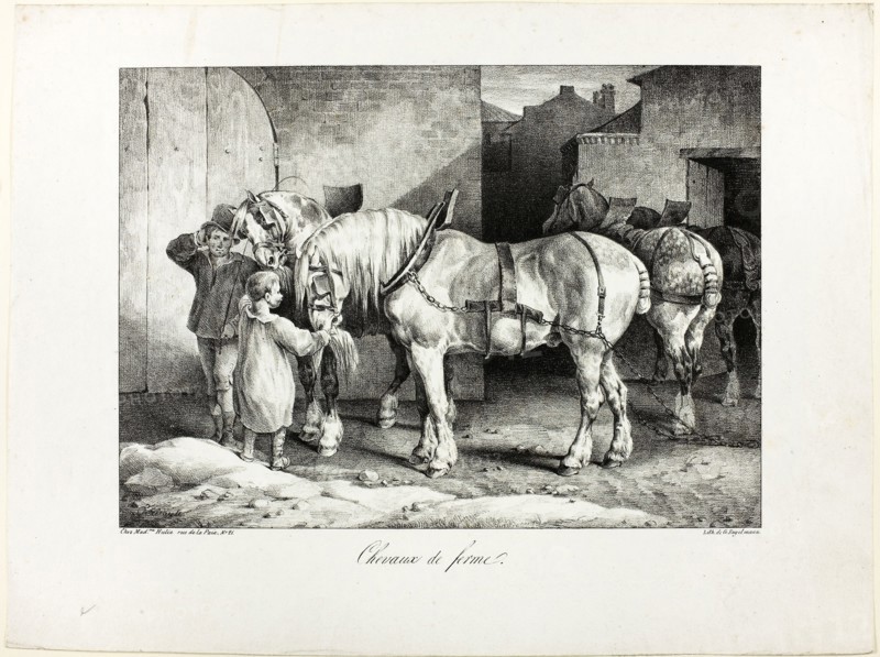 Farm Horses, 1823, Jean Louis André Théodore Géricault (French, 1791-1824), printed by Gottfried Engelmann (French, 1788-1839), France, Lithograph in black on ivory wove paper, 192 × 267 mm (image), 270 × 359 mm (sheet)