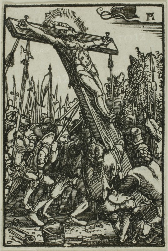 Raising of the Cross, from The Fall and Redemption of Man, 1513, Albrecht Altdorfer, German, c.1480-1538, Germany, Woodcut in black on ivory laid paper, 72 x 48 mm (image/block)