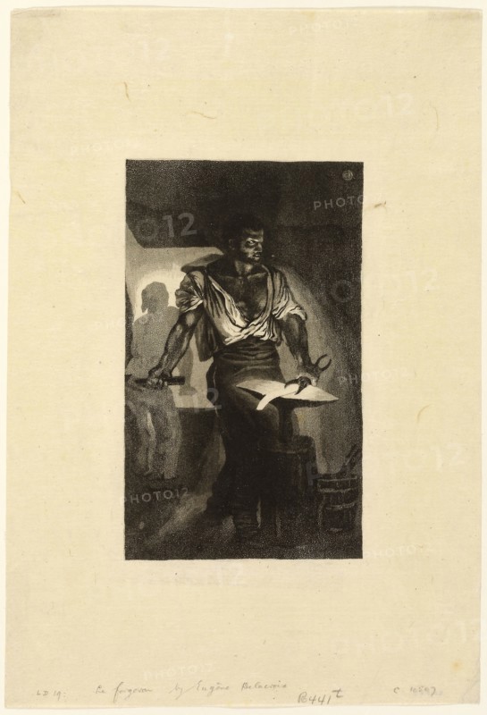 Blacksmith, 1833, Eugène Delacroix, French, 1798-1863, France, Aquatint on cream Japanese tissue, 160 × 96 mm (image/plate), 282 × 193 mm (sheet)