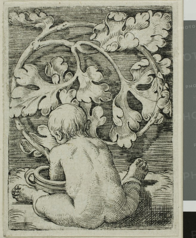 Naked Child, Seen From Back Seated in Front of a Vessel, n.d., Barthel Beham, German, 1502-1540, Germany, Engraving in black on ivory laid paper, 50 x 37 mm (image/plate), 53 x 39 mm (sheet)
