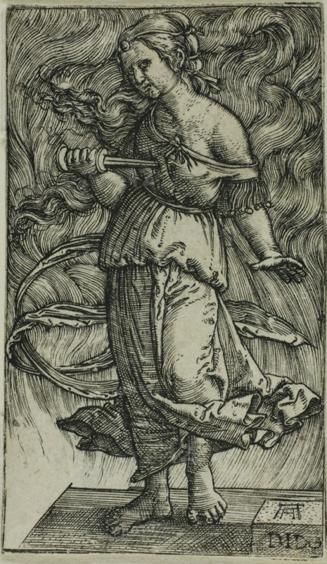 Dido Killing Herself, 1520/30, Albrecht Altdorfer, German, c.1480-1538, Germany, Engraving in black on ivory laid paper, 64 x 37 mm (image/plate/sheet)
