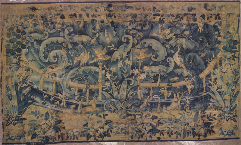 Large Leaf Verdure with Balustrade, Animals, and Birds, 1550/75, Flanders, Oudenaarde, Flanders, Wool, slit and dovetailed tapestry weave, 462.8 × 271.2 cm (182 1/4 × 106 3/4 in.)