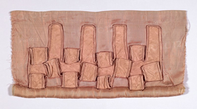 Sample (Dress Trimming), 1815/35, England or France, France, Silk, twill weave, appliquéd with silk, plain weaves, edged with cording covered with silk, satin weaves, turned and padded (cotton) hem, 22.23 × 44.13 cm (8 3/4 × 17 3/8 in.)