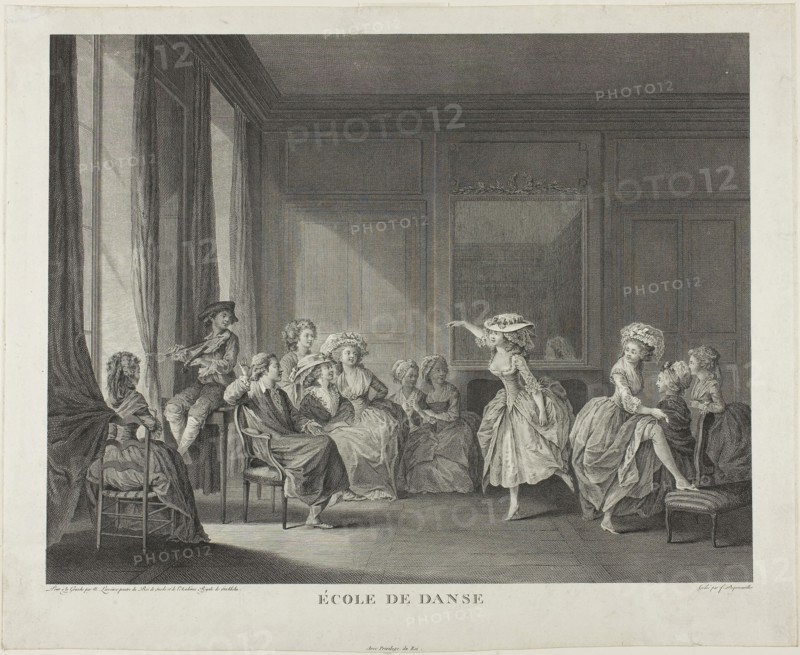 Dancing School, 1785, François Dequevauviller (French, 1745-1807), after Nicolas Lavreince (Swedish, 1737-1807), France, Engraving on ivory laid paper, 290 × 371 mm (image), 340 × 419 mm (sheet)