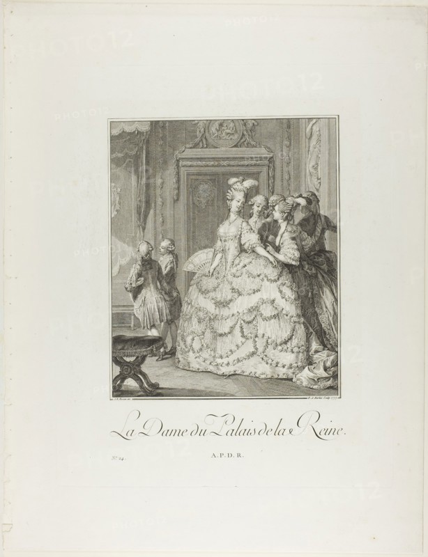 The Queen’s Lady-in-Waiting, from Monument du Costume Physique et Moral de la fin du Dix-huitième siècle, 1777, Pietro Antonio Martini (Italian, 1738-1797), after Jean Michel Moreau (French, 1741-1814), published by Laurent-François Prault (French 1712-1780), Italy, Engraving on paper, 270 x 220 mm (image), 412 x 327 mm (plate), 536 x 412 mm (sheet, folded)