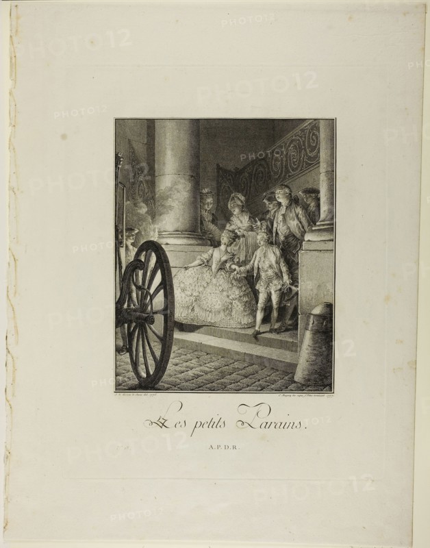 The Little Godfathers, from Monument du Costume Physique et Moral de la fin du Dix-huitième siècle, 1777, Jean Charles Baquoy (French, 1721-1777) and Charles Emanuel Patas (French, 1744-1802), after Jean Michel Moreau (French, 1741-1814), published by Laurent-François Prault (French 1712-1780), France, Engraving on paper, 271 × 218 mm (image), 412 × 320 mm (plate), 541 × 409 mm (sheet, folded)