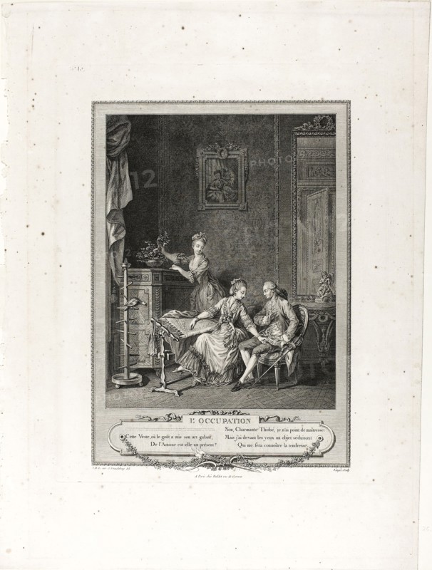 The Occupation, from Monument du Costume Physique et Moral de la fin du Dix-huitième siècle, 1774, Charles Louis Lingée (French, 1748-1819), after Sigmund Freudeberg (Swiss, 1745-1801) and Jean Henri Eberts (Swiss, 18th century), published by Laurent-François Prault (French 1712-1780), France, Engraving on paper, 285 × 223 mm (image), 405 × 321 mm (plate), 550 × 413 mm (sheet)