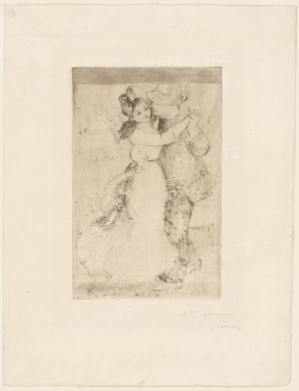 Dance in the Country, c. 1890, Pierre Auguste Renoir, French, 1841-1919, France, Soft ground etching in brown-gray on ivory laid paper, 219 × 141 mm (image), 219 × 141 mm (plate), 361 × 276 mm (sheet)