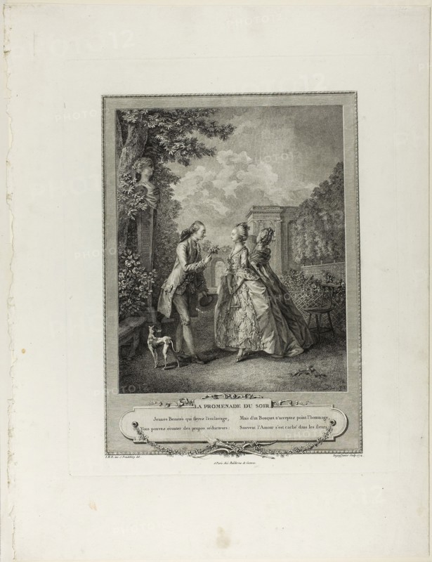 Evening Walk, from Monument du Costume Physique et Moral de la fin du Dix-huitième siècle, 1774, François Robert Ingouf (French, 1747-1812), after Sigmund Freudeberg (Swiss, 1745-1801) and Jean Henri Eberts (Swiss, 18th century), published by Laurent-François Prault (French 1712-1780), France, Engraving on paper, 278 × 223 mm (image), 408 × 322 mm (plate), 545 × 414 mm (sheet)
