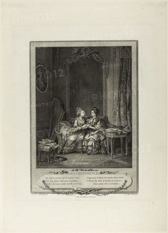 Confidences, from Monument du Costume Physique et Moral de la fin du Dix-huitième siècle, 1774, Charles Louis Lingée (French, 1748-1819), after Sigmund Freudeberg (Swiss, 1745-1801) and Jean Henri Eberts (Swiss, 18th century), published by Laurent-François Prault (French 1712-1780), France, Engraving on paper, 282 × 223 mm (image), 407 × 324 mm (plate), 534 × 380 mm (sheet)