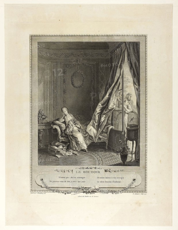 The Boudoir, from Monument du Costume Physique et Moral de la fin du Dix-huitième siècle, 1774, Pierre Maleuvre (French, 1740-1803), after Sigmund Freudeberg (Swiss, 1745-1801) and Jean Henri Eberts (Swiss, 18th century), published by Laurent-François Prault (French 1712-1780), France, Engraving on ivory laid paper, 280 × 230 mm (image), 408 × 324 mm (plate), 503 × 379 mm (sheet)