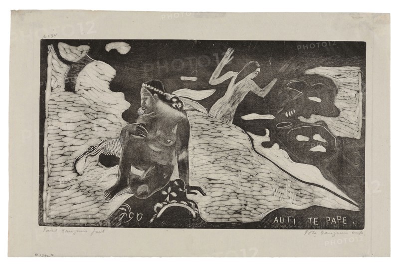 Auti te pape (Women at the River) from the Noa Noa Suite, 1893/94, printed and published 1921, Paul Gauguin (French, 1848-1903), printed by Pola Gauguin (Danish, born France, 1883-1961), published by Christian Cato, Copenhagen, France, Wood-block print in black ink on grayish-ivory China paper, 205 × 355 mm (image), 266 × 417 mm (sheet)