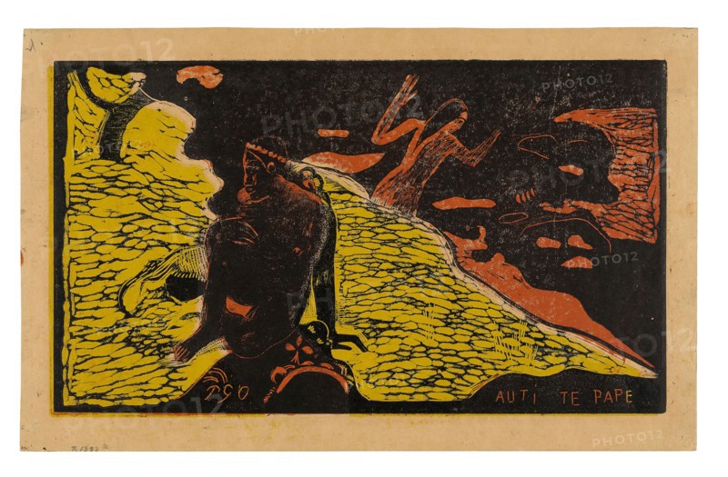Auti te pape (Women at the River), from the Noa Noa Suite, 1894, Paul Gauguin (French, 1848-1903), printed in collaboration with Louis Roy (French, 1862-1907), France, Wood-block print in black ink, over stenciled dark-red ink and a yellow-ink tone block, on cream wove paper (an imitation Japanese vellum), 207 × 358 mm (image), 246 × 395 mm (sheet)