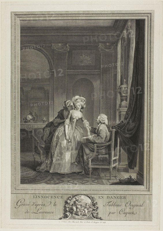 Innocence in Danger, c. 1785, Jean Gabriel Caquet (French, 1749-1802), after Nicolas Lavreince (Swedish, 1737-1807), France, Engraving on ivory laid paper, 370 × 251 mm (image), 387 × 269 mm (plate), 401 × 284 mm (sheet)