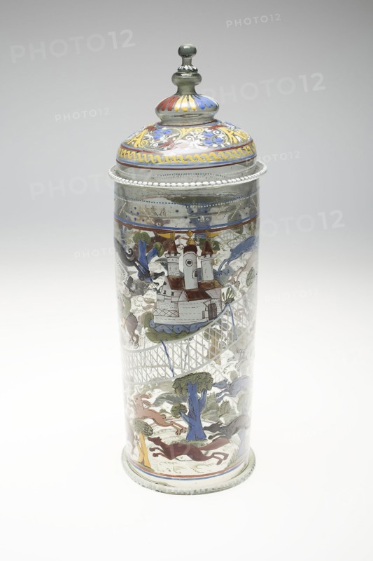 Beaker with Cover (Humpen) with Hunting Scenes, 1550/1600, Bohemian or German, Bohemia, Colorless glass and enamel, H: 38.1 cm (15 in.)