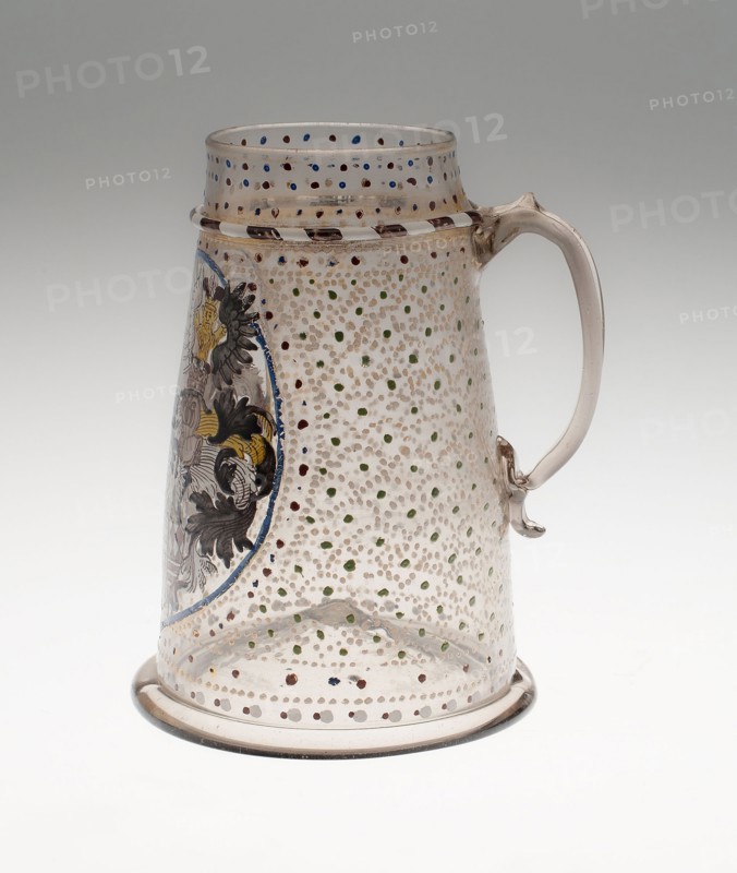Tankard with Mansfeld Arms, 1590/1600, German, probably Saxony, Saxony, Colorless glass, enamel, H. 14 × 11.4 cm (5 1/2 × 4 1/2 in.)
