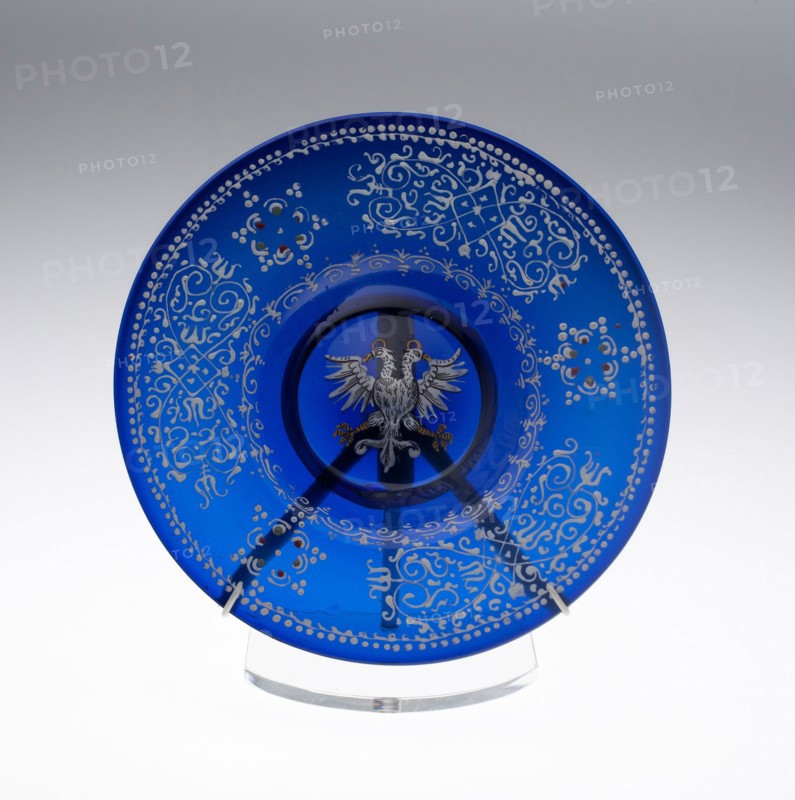 Plate, Early 17th century, Bohemia, Czech Republic, Bohemia, Blue glass with enamel decoration, Diam. 18.4 cm (7 1/4 in.)