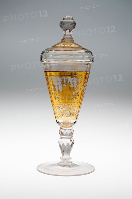 Wine Glass and Cover, c. 1730, Bohemia, Czech Republic, Bohemia, Glass with engraved gold leaf decoration, 24.8 × 7.6 cm (9 3/4 × 3 in.)