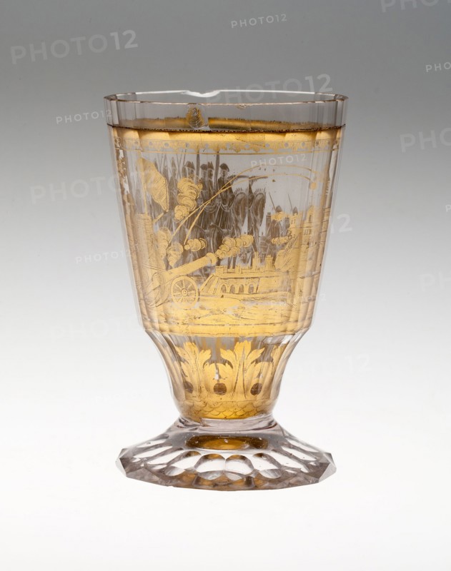 Beaker with Battle Scene, c. 1730, Bohemia, Czech Republic, Bohemia, Glass with engraved gold leaf decoration, 11.4 × 9.8 cm (4 1/2 × 3 7/8 in.)