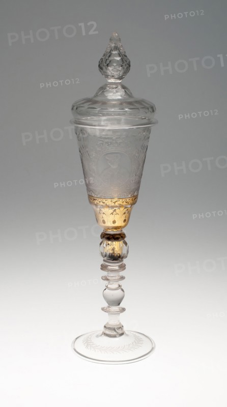 Wine Glass and Cover, Early 18th century, Bohemia, Czech Republic, Bohemia, Glass with engraved gold leaf decoration, 39.4 × 9.2 cm (15 1/2 × 3 5/8 in.)