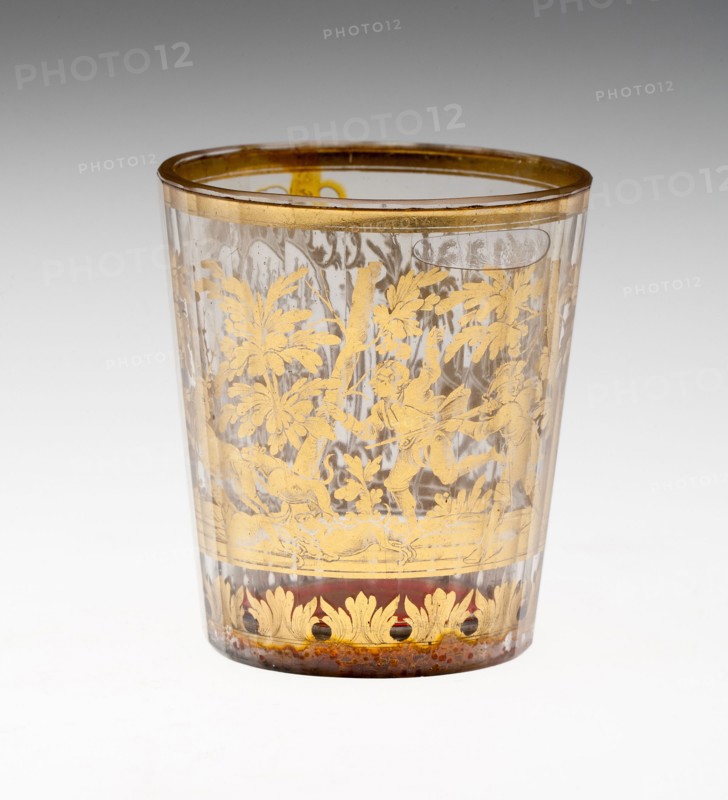 Beaker, c. 1730, Bohemia, Czech Republic, Bohemia, Glass with engraved gold leaf decoration, 7.6 × 7 cm (3 × 2 3/4 in.)