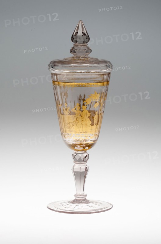 Wine Glass and Cover, c. 1730, Bohemia, Czech Republic, Bohemia, Glass with engraved gold leaf decoration, 26 × 8.3 cm (10 1/4 × 3 1/4 in.)