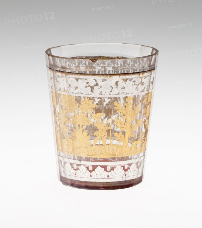 Beaker, c. 1730, Bohemia, Czech Republic, Bohemia, Glass with engraved gold leaf decoration, 8.9 × 6.4 cm (3 1/2 × 2 1/2 in.)