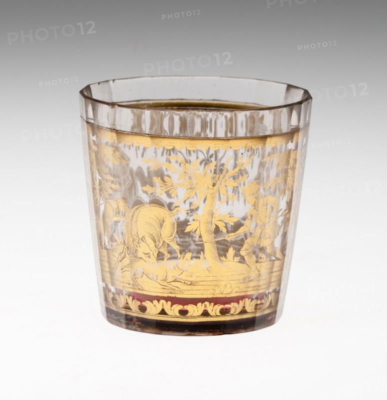 Beaker, Early 18th century, Bohemia, Czech Republic, Bohemia, Glass with engraved gold leaf decoration, 6.4 × 6.2 cm (2 1/2 × 2 7/16 in.)