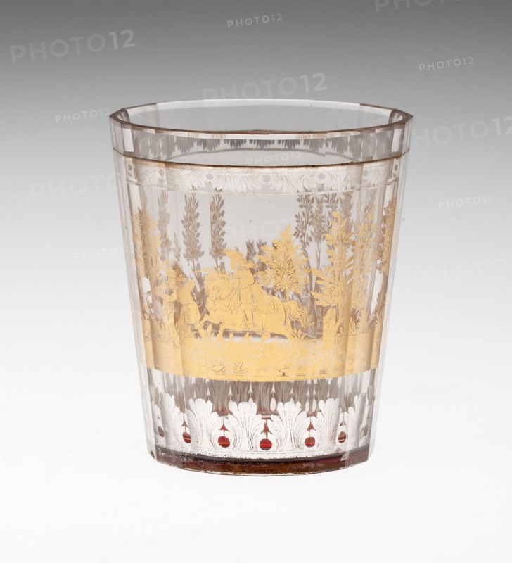 Beaker, c. 1730, Bohemia, Czech Republic, Bohemia, Glass with engraved gold leaf decoration, 7.9 × 7 cm (3 1/8 × 2 3/4 in.)