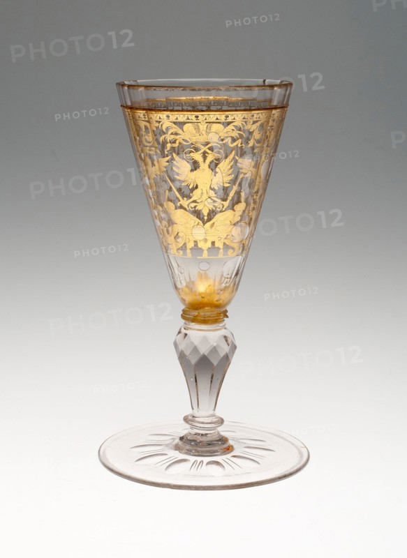Wine Glass, Early 18th century, Bohemia, Czech Republic, Bohemia, Glass with engraved gold leaf decoration, 17.6 × 7.9 cm (6 15/16 × 3 1/8 in.)