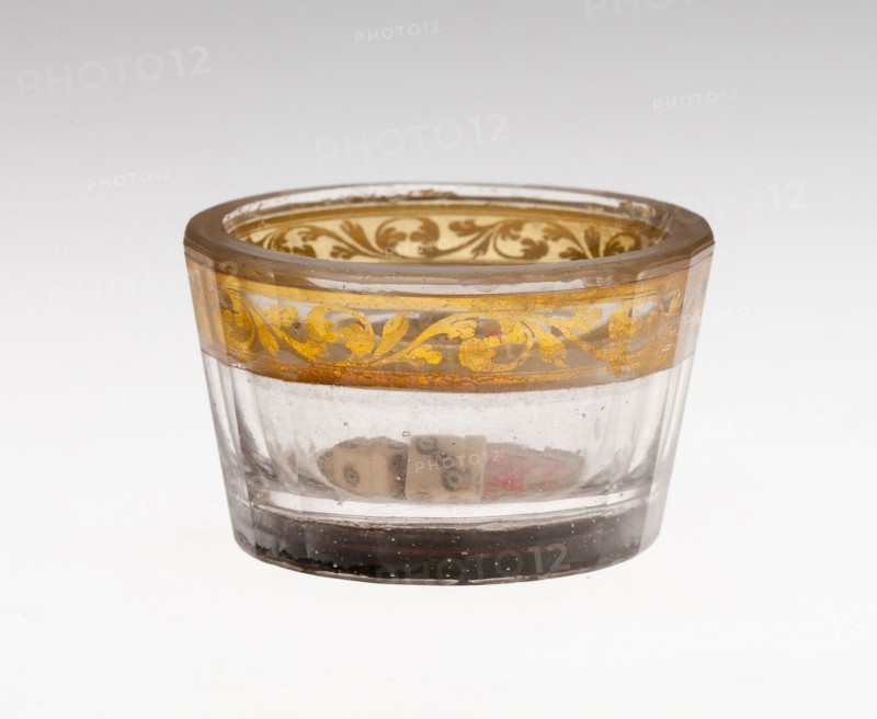 Salt, c. 1730, Bohemia, Czech Republic, Bohemia, Glass with engraved gold leaf decoration, 3.2 × 5.1 cm (1 1/4 × 2 in.)