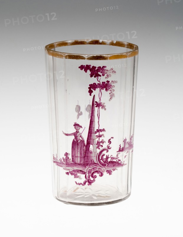Beaker, c. 1750, Bohemia, Czech Republic, Bohemia, Glass, painted with puce and white enamels and gilding, 10.8 × 7.3 cm (4 1/4 × 2 7/8 in.)