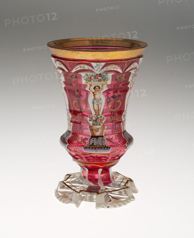 Beaker, c. 1840/50, Bohemia, Czech Republic, Bohemia, Glass, blown, cut, stained, enamelled and gilded, 14.5 × 9.2 cm (5 11/16 × 3 5/8 in.)