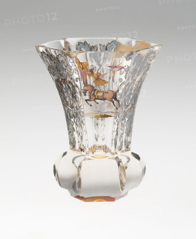 Beaker, c. 1830, Bohemia, Czech Republic, Bohemia, Glass, colorless, blown, cut, stained, enameled and gilding, 11.4 × 9.7 cm (4 1/2 × 3 13/16 in.)