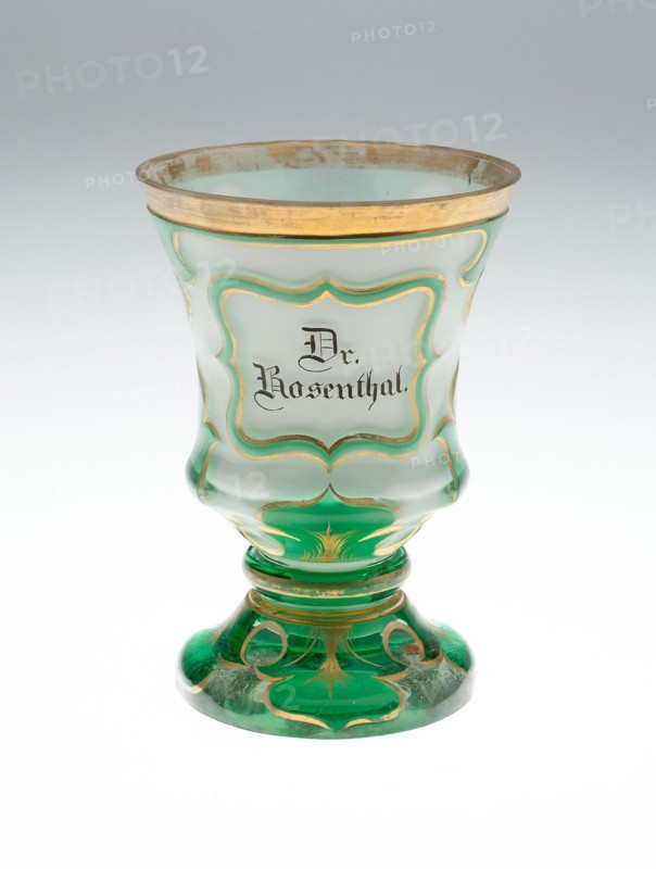 Beaker, c. 1840, Bohemia, Czech Republic, Bohemia, Glass, colorless, blown, cut, overlaid with opaque green glass, black enamel and gilding, 14.1 × 10 cm (5 9/16 × 3 15/16 in.)