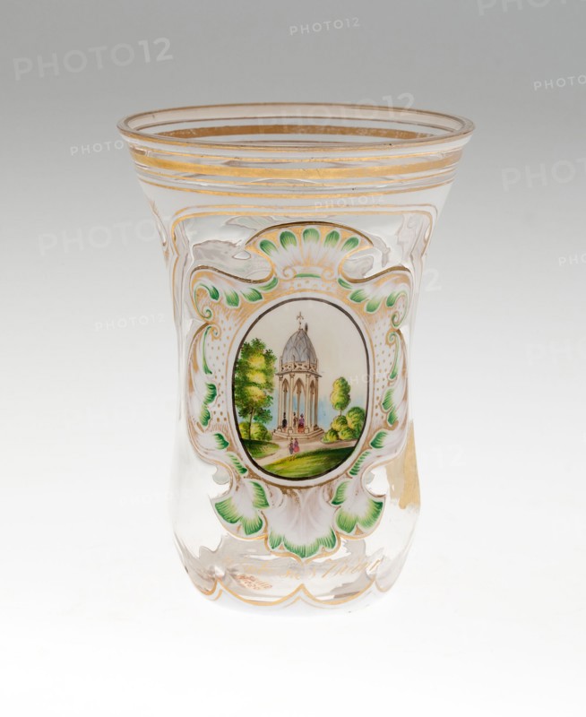 Beaker, c. 1850, Bohemia, Czech Republic, Bohemia, Glass, colorless, blown, cut, overlaid with opaque white glass, enameled and gilded, 12.4 × 9.2 cm (4 7/8 × 3 5/8 in.)