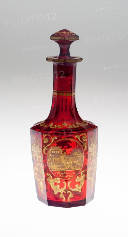 Bottle, Late 19th century, Bohemia, Czech Republic, Bohemia, Ruby glass, cased in colorless glass, blown, tooled and, gilded, 20.3 × 7.6 × 7.6 cm (8 × 3 × 3 in.)