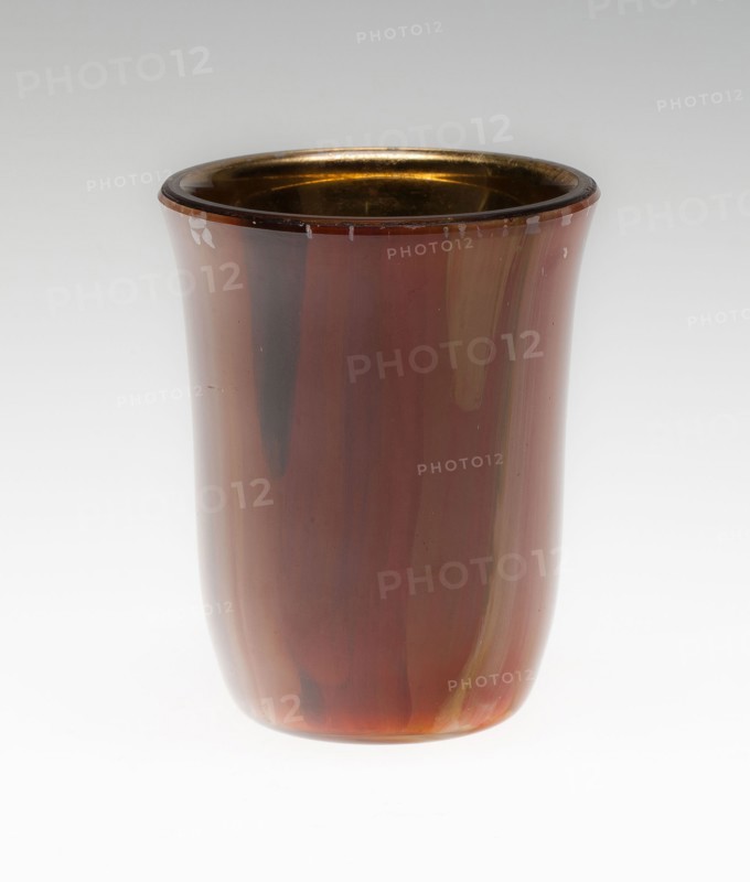 Lithyalin Beaker, c. 1830, Workshop of Friedrich Egermann, Bohemian, 1777-1864, Bohemia, Glass, marbled opaque red, blown and gilded, 9.2 × 7.5 cm (3 5/8 × 2 15/16 in.)